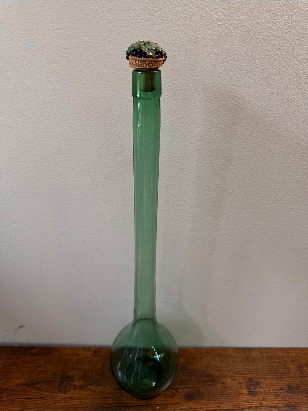 Vintage Hand Blown Green Glass Genie Bottle Decanter Fruit Basket Topper 19"